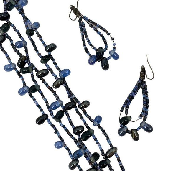 Beaded Necklace Earring Set Faux Lapis Nugget Blue Multi-strand Fashion Lot 0351 - Picture 13 of 13